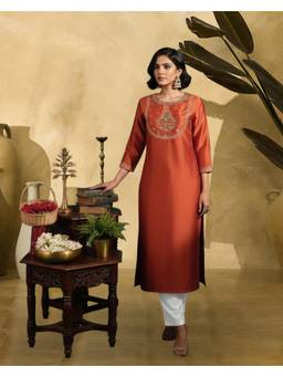 Gahan - Rust Gadwal Zari Sequence Thread Embroidered Kurta
