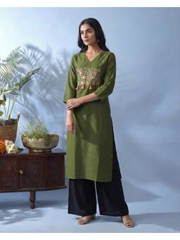 Gahan - Olive Green Gadwal Zari Sequence Thread Embroidered Kurta
