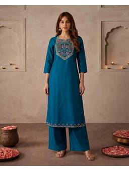 Gahan - Lace Detail Mirage Teal Gadwal Sequence Thread Embroidered Kurta