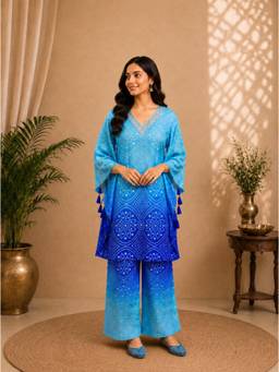 Gahan - Blue Embroidered Neck Detail Bandhani Print Chinon Kaftan Kurta with Pant