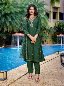 Gahan - Womens Green Viscose Chanderi Yoke Design Kurta & Pant with Dupatta