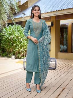 Gahan - Womens Blue Viscose Chanderi Yoke Design Kurta & Pant with Dupatta