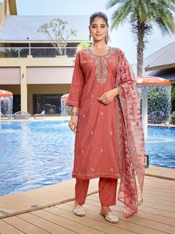 Gahan - Womens Coral Viscose Chanderi Yoke Design Kurta & Pant with Dupatta