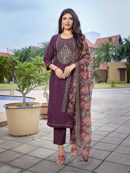Gahan - Womens Wine Viscose Chanderi Yoke Design Kurta & Pant with Dupatta