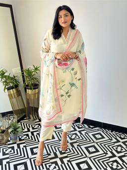 Gahan - Womens Organza Floral Printed Straight Kurta & Pant with Dupatta