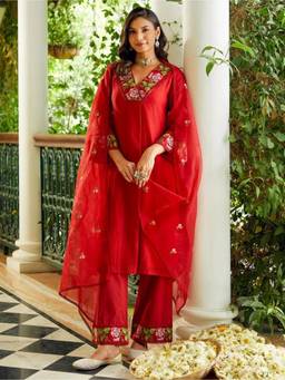 Gahan - Womens Chanderi Yoke Design Embroidered Straight Kurta with Pant & Dupatta