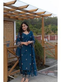Gahan - Womens Teal Viscose Silk Embroidered Straight Kurta & Palazzo with Dupatta