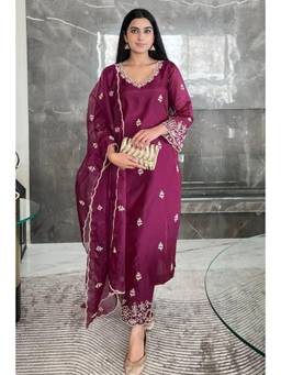 Gahan - Womens Viscose Silk Floral Embroidered Straight Kurta with Pant & Dupatta