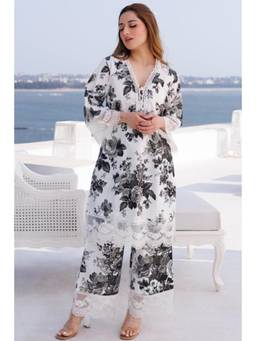 Gahan - Womens White Viscose Floral Printed Straight Kurta with Palazzo