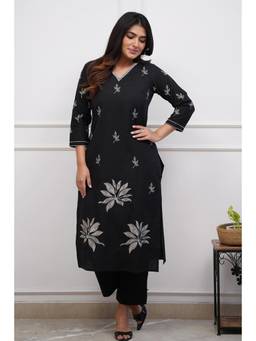 Gahan - Womens Black Cotton Floral Embroidered Straight Kurta with Pant
