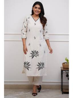 Gahan - Womens White Cotton Floral Embroidered Straight Kurta with Pant