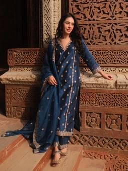 Gahan - Womens Viscose Silk Embroidered Straight Kurta with Palazzo & Dupatta