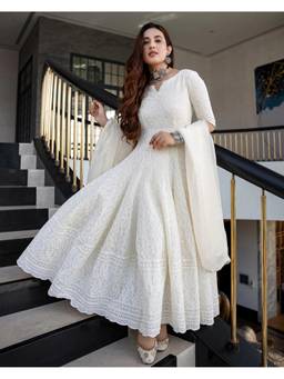 Gahan - Womens White Cotton Anarkali Kurta with Pant & Dupatta