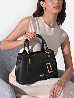 Lavie Luxe - Women Black Satchel Bag with Detachable Strap and Pouch (M)