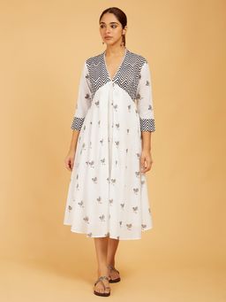 Cyan - White Print Cotton Dress