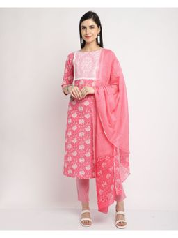 Rajnandini - Pure Cambric Cotton Embroidered Kurta With Dupatta - Pink (Set of 3)