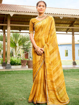 Odette - Yellow Stripes Printed Chiffon Saree with Unstitched Blouse (Set of 2)