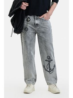 Snitch - Ash Grey Printed Loose Casual Jeans for Men