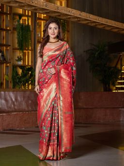 Beatitude - Red Green Ethnic Motifs Zari Silk Blend Saree with Unstitched Blouse