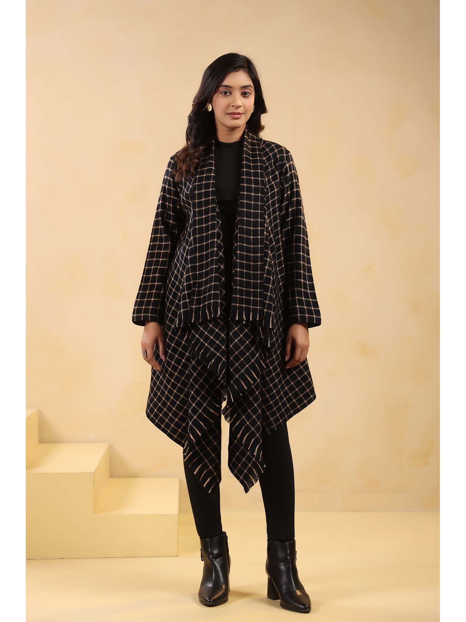 zamour Black Woven Checkered Woollen Shrug Cardigan-picture-22