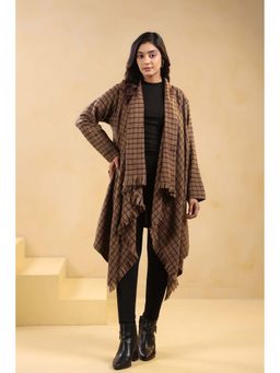 Zamour - Brown Woven Checkered Woollen Shrug Cardigan