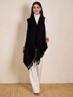 Zamour - Black Green Plain Sleeveless Woven Shrug