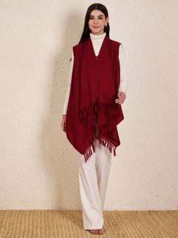 Zamour - Maroon Green Plain Sleeveless Woven Shrug