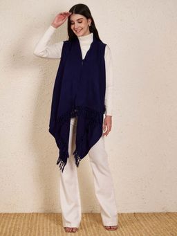 Zamour - Navy Blue Green Plain Sleeveless Woven Shrug