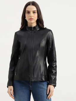 United Colors of Benetton - Black High Neck Solid Biker Jacket