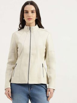 United Colors of Benetton - Cream High Neck Solid Biker Jacket