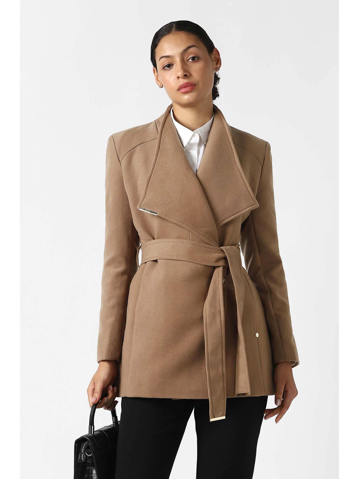 van heusen Women Beige Solid Casual Jacket with Belt-picture-17