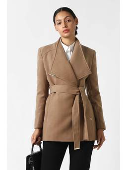 Van Heusen - Women Beige Solid Casual Jacket with Belt
