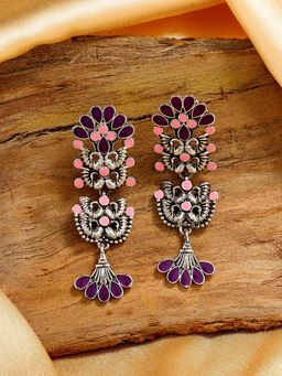 Estele - Rhodium Plated Oxidised Purple and Pink Meenakari Earrings with Enamel for Women
