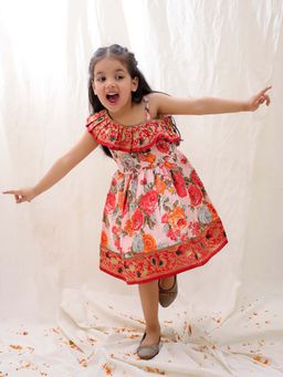 BownBee - Girls Orange Blended Fabric Floral Knee Length Dress