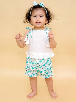 BownBee - Girls Green Cotton Jhabla with Shorts and Hairband (Set of 3)
