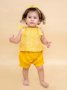 BownBee - Girls Yellow Cotton Jhabla with Shorts and Hairband (Set of 3)