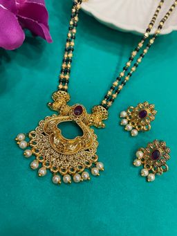 Digital Dress Room - Red Long Floral Design Mangalsutra with Earrings Set