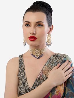 Zaveri Pearls - Purple Multistrand Beaded Pearls Stones Choker Jewellery Set