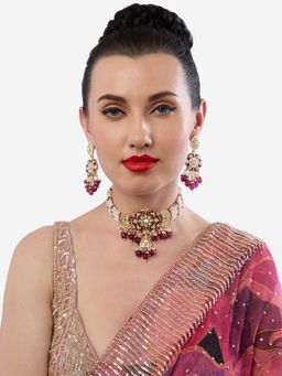 Zaveri Pearls - Wine Multistrand Beaded Pearls Stones Choker Jewellery Set