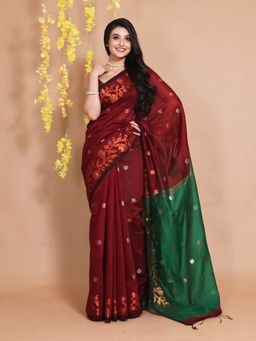 CHARUKRITI - Garnet Red Cotton Zari Floral Motifs & Designs Handwoven Saree with Unstitched Blouse