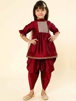 A.T.U.N. - Maroon Gotta Patti Kurta with Dhoti and Dupatta (Set of 3)