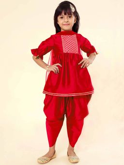 A.T.U.N. - Red Gotta Patti Kurta with Dhoti and Dupatta (Set of 3)