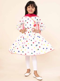 A.T.U.N. - White Polka Dot Anarkali Kurta with Leggings and Dupatta (Set of 3)