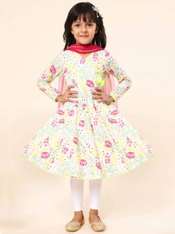 A.T.U.N. - Yellow Floral Printed Anarkali Kurta with Leggings and Dupatta (Set of 3)