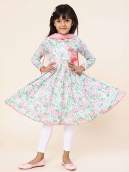 A.T.U.N. - Green Floral Printed Anarkali Kurta with Leggings and Dupatta (Set of 3)