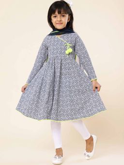 A.T.U.N. - Grey Floral Printed Anarkali Kurta with Leggings and Dupatta (Set of 3)
