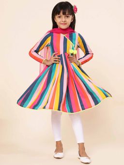 A.T.U.N. - Multi-Color Striped Anarkali Kurta with Leggings and Dupatta (Set of 3)