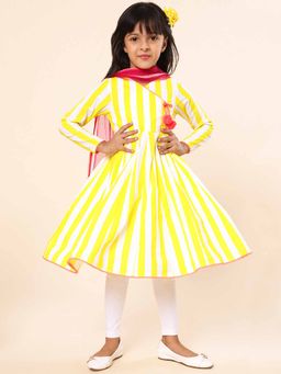 A.T.U.N. - Yellow Striped Anarkali Kurta with Leggings and Dupatta (Set of 3)