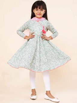 A.T.U.N. - Green Printed Anarkali Kurta with Leggings and Dupatta (Set of 3)