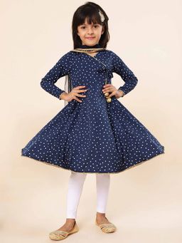 A.T.U.N. - Navy Blue Polka Dot Anarkali Kurta with Leggings and Dupatta (Set of 3)
